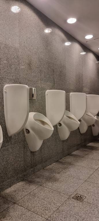 Zapchane pisuary w toalecie publicznej